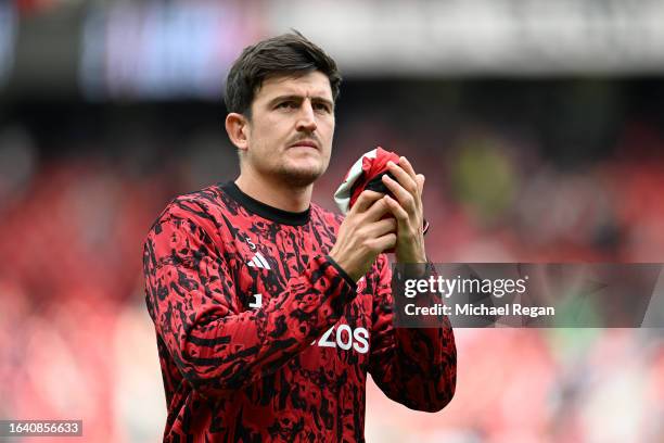 Harry Maguire of Manchester United looks on during the Premier League match between Manchester United and Nottingham Forest at Old Trafford on August...