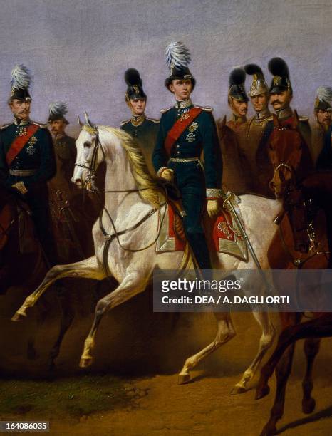 Portrait of Ludwig II of Bavaria on horseback surrounded by his Chiefs of staff , painting by Ludwig Berhingen detail. Herreninsel, Schloss...