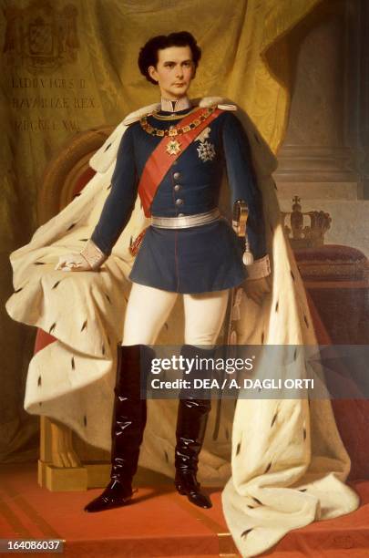 Portrait of Ludwig II of Bavaria in a Bavarian General's uniform wearing the coronation robe , painting by Ferdinand II Piloty , 1865. Herreninsel,...