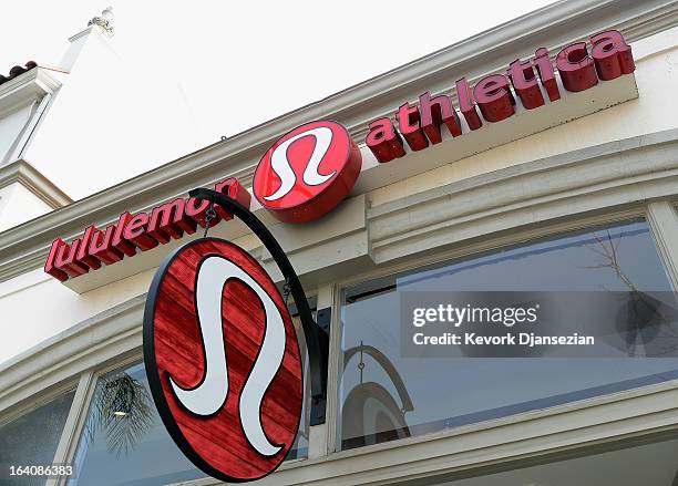 Sign is displayed on a Lululemon Athletica Inc. Store on March 19, 2013 in Pasadena, California. Lululemon removed some of its popular pants from...