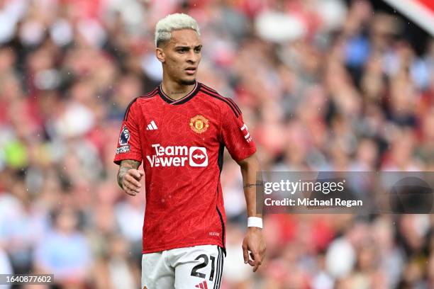 Antony of Manchester United looks on during the Premier League match between Manchester United and Nottingham Forest at Old Trafford on August 26,...