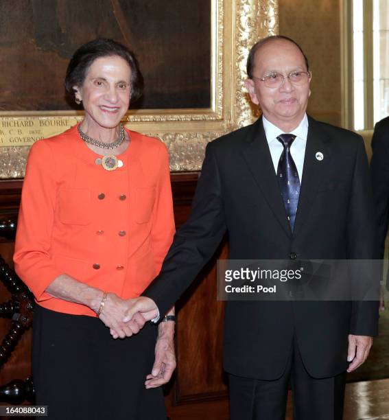 President of Myanmar, Thein Sein and Marie Bashir, Governor of New South Wales shake hands at Government House on March 19 in Sydney, Australia,...