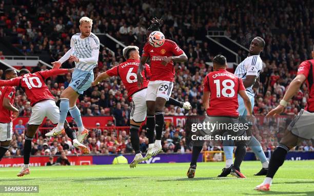 Willy Boly of Notts Forest heads the second Forest goal during the Premier League match between Manchester United and Nottingham Forest at Old...