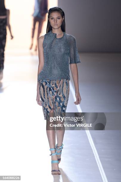 Model walks the runway at the Animale show during Sao Paulo Fashion Week Spring Summer 2013/2014 on March 18, 2013 in Sao Paulo, Brazil.