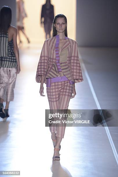 Model walks the runway at the Animale show during Sao Paulo Fashion Week Spring Summer 2013/2014 on March 18, 2013 in Sao Paulo, Brazil.