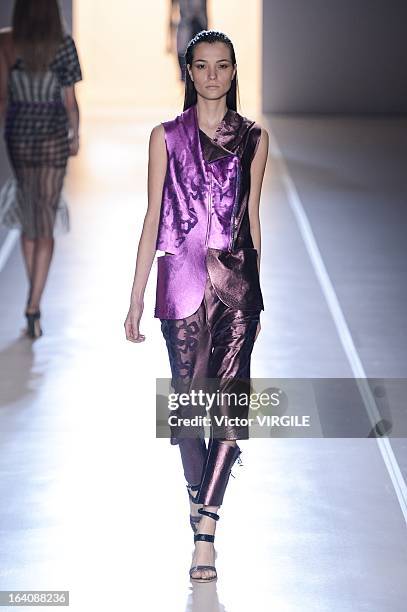 Model walks the runway at the Animale show during Sao Paulo Fashion Week Spring Summer 2013/2014 on March 18, 2013 in Sao Paulo, Brazil.