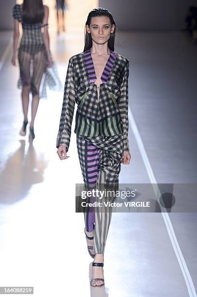 Model walks the runway at the Animale show during Sao Paulo Fashion Week Spring Summer 2013/2014 on March 18, 2013 in Sao Paulo, Brazil.