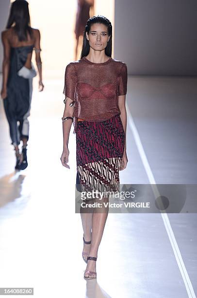 Model walks the runway at the Animale show during Sao Paulo Fashion Week Spring Summer 2013/2014 on March 18, 2013 in Sao Paulo, Brazil.
