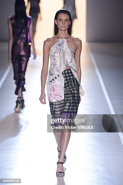 Model walks the runway at the Animale show during Sao Paulo Fashion Week Spring Summer 2013/2014 on March 18, 2013 in Sao Paulo, Brazil.