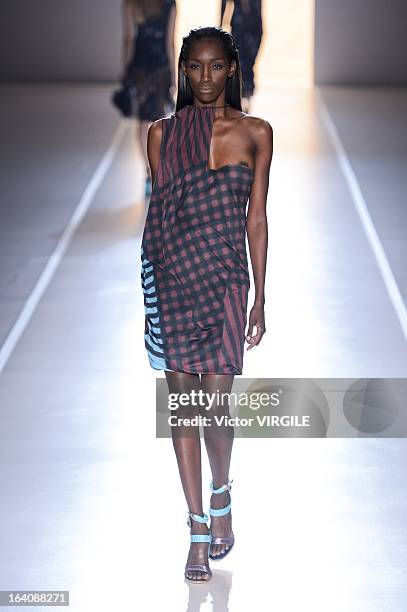 Model walks the runway at the Animale show during Sao Paulo Fashion Week Spring Summer 2013/2014 on March 18, 2013 in Sao Paulo, Brazil.