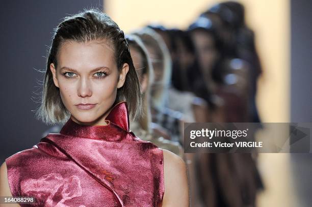 Model Karlie Kloss walks the runway at the finale of the Animale show as part of the Sao Paulo Fashion Week Spring Summer 2014 on March 18 2013.