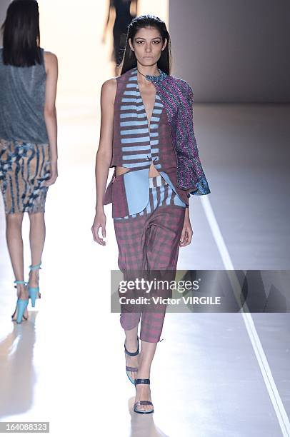 Model walks the runway at the Animale show during Sao Paulo Fashion Week Spring Summer 2013/2014 on March 18, 2013 in Sao Paulo, Brazil.