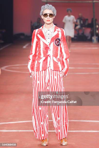 A model walks the runway during Ronaldo Fraga show - Sao Paulo Fashion Week Summer 2013/2014 on March 19, 2013 in Sao Paulo, Brazil.