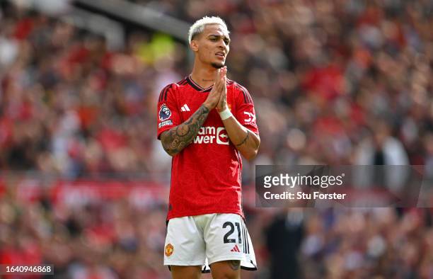 Manchester United player Antony reacts during the Premier League match between Manchester United and Nottingham Forest at Old Trafford on August 26,...