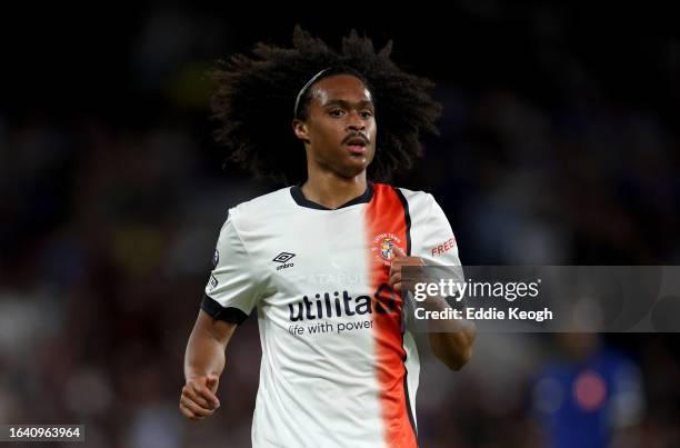 Tahith Chong of Luton Town during the Premier League match between Chelsea FC and Luton Town at Stamford Bridge on August 25, 2023 in London, England.