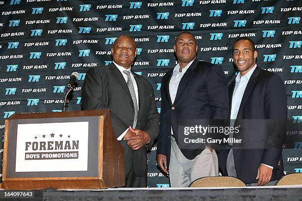 George Foreman, George Foreman Jr. And George Foreman IV attend a news conference announcing the formation of Foreman Boys Promotions which will be...