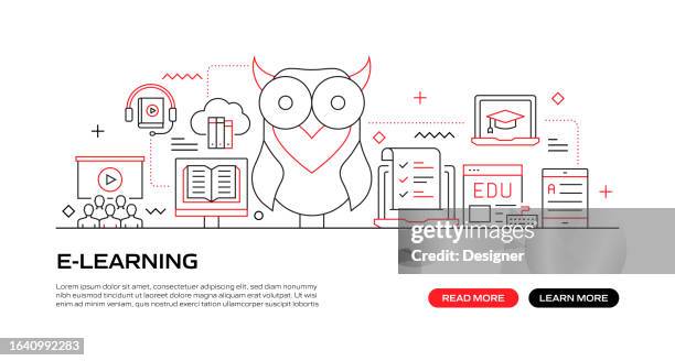 e-learning web banner with linear icons, trendy linear style vector - students learning computer programming stock illustrations