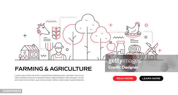 farming and agriculture web banner with linear icons, trendy linear style vector - irrigation system stock illustrations