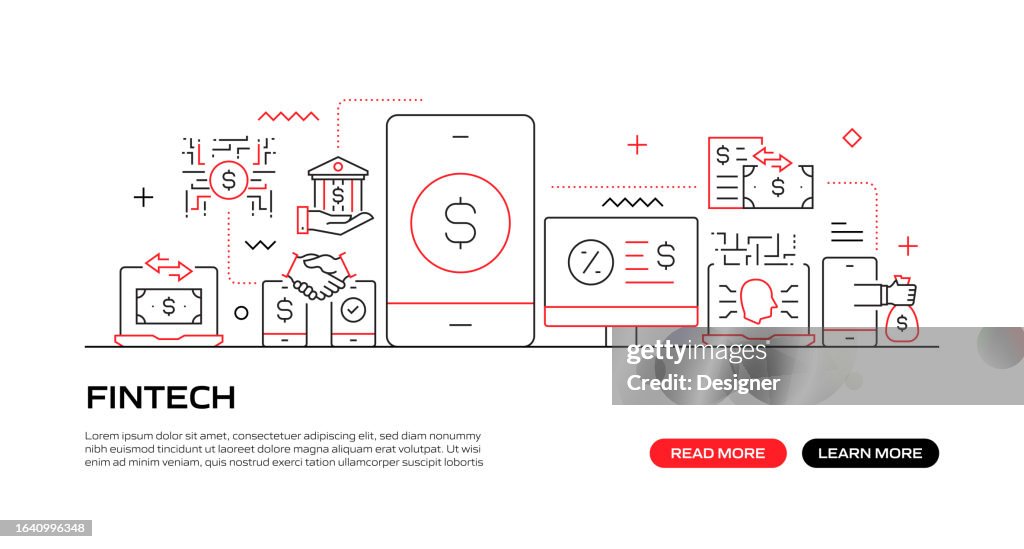 FINTECH Web-Banner mit linearen Symbolen, trendiger linearer Stilvektor