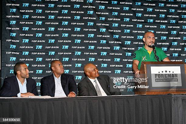 George Foreman IV, George Foreman Jr., George Foreman and Raymundo Beltran attend a news conference announcing the formation of Foreman Boys...