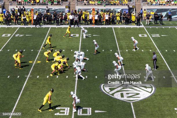 An overhead view of the PAC 12 logo on the field during the second half of a game between the Oregon Ducks and the Portland State Vikings at Autzen...