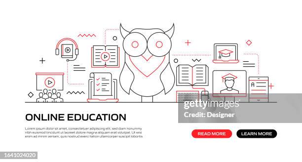 online education web banner with linear icons, trendy linear style vector - webinar background stock illustrations