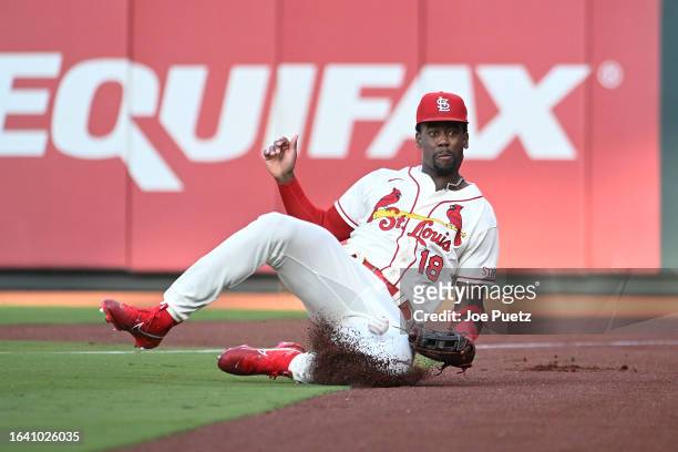 Jordan Walker of the St. Louis Cardinals is unable to catch a foul ball by the Pittsburgh Pirates in the first inning at Busch Stadium on September...
