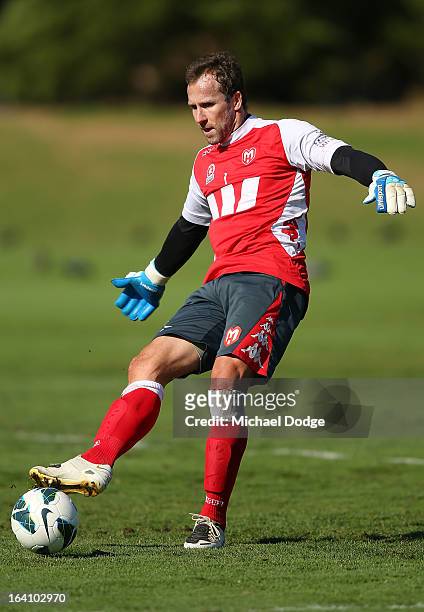 Goal keeper Clint Bolton kicks the ball during a Melbourne Heart A-League training session at La Trobe University Sports Fields on March 20, 2013 in...