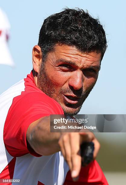 Heart coach John Aloisi gestures to a player during a Melbourne Heart A-League training session at La Trobe University Sports Fields on March 20,...