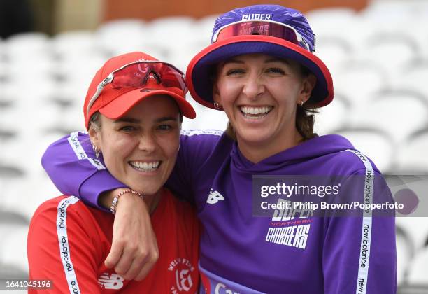 Alex Hartley of Welsh Fire and Kate Cross of Northern Superchargers smile before The Hundred Eliminator match between Northern Superchargers Women...