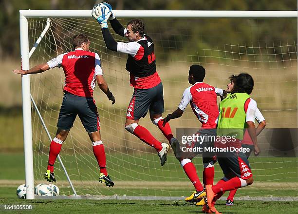 Goal keeper Clint Bolton catches the ball during a Melbourne Heart A-League training session at La Trobe University Sports Fields on March 20, 2013...