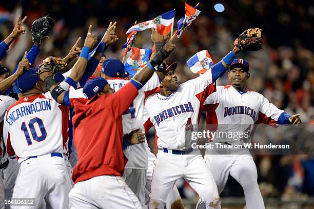 The Dominican Republic celerbates after defeating Puerto Rico to win the Championship Round of the 2013 World Baseball Classic by a score of 3-0 at...