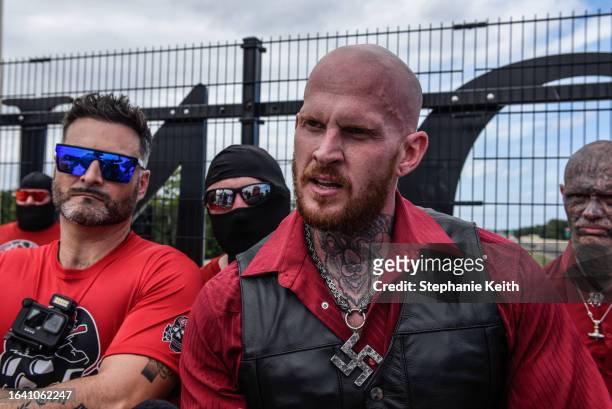 Christopher "Hammer" Pohlhaus leads a rally with neo-Nazi groups Blood Tribe, and Goyim Defense League on September 2, 2023 in Orlando, Florida. An...
