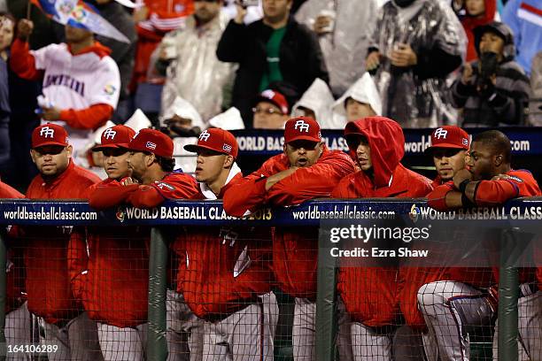 Team Puerto Rico looks on toward the end of their game against Dominican Republic during the Championship Round of the 2013 World Baseball Classic at...