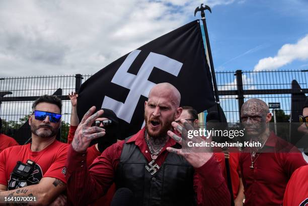 Christopher Pohlhaus aka Hammer leads a rally with neo-Nazi groups Blood Tribe, and Goyim Defense League on September 2, 2023 in Orlando, Florida. An...