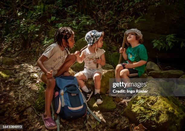 siblings rest on the trail, talking to each other - kids hiking stock pictures, royalty-free photos & images