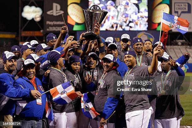 The Dominican Republic celerbates after defeating Puerto Rico to win the Championship Round of the 2013 World Baseball Classic by a score of 3-0 at...