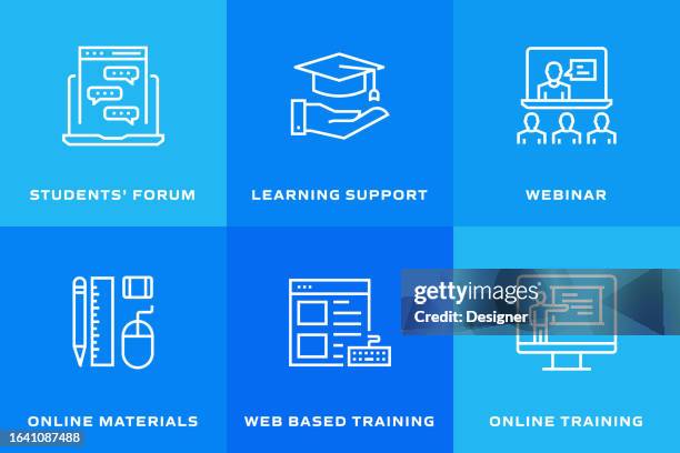 e-learning related vector thin line icons. outline symbol collection - online workshop stock illustrations