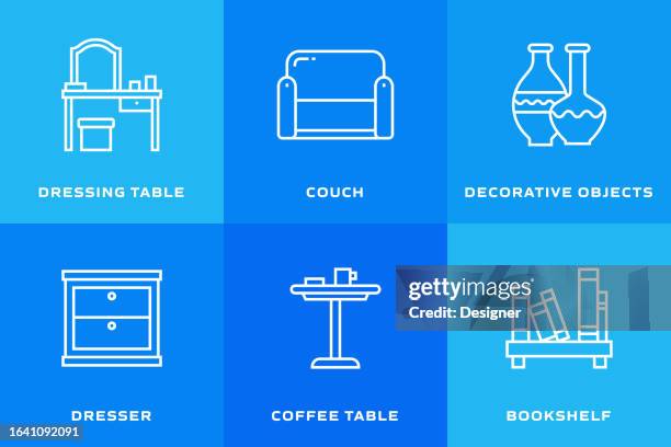furniture related vector thin line icons. outline symbol collection - minimalist bedroom desk stock illustrations