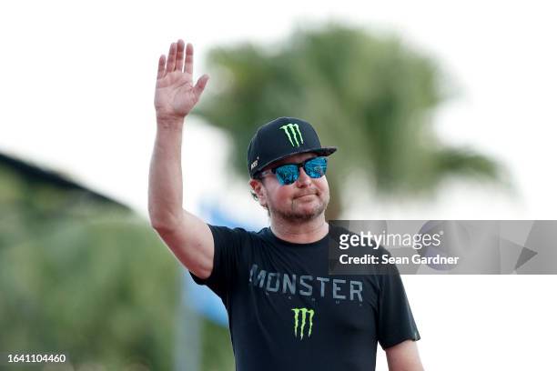 Cup Series driver, Kurt Busch walks onstage during driver intros after the announcement of his retirement prior to the NASCAR Cup Series Coke Zero...