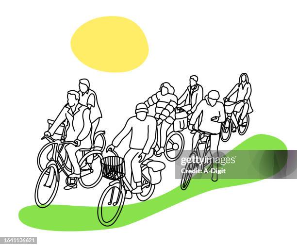 los angeles cyclists crowd green path - cycle path green stock illustrations