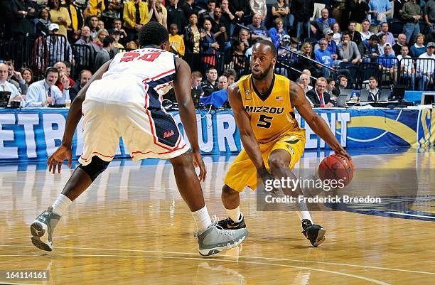 Keion Bell of the Missouri Tigers plays against the Ole Miss Rebels during the Quarterfinals of the SEC Tournament at the Bridgestone Arena on March...