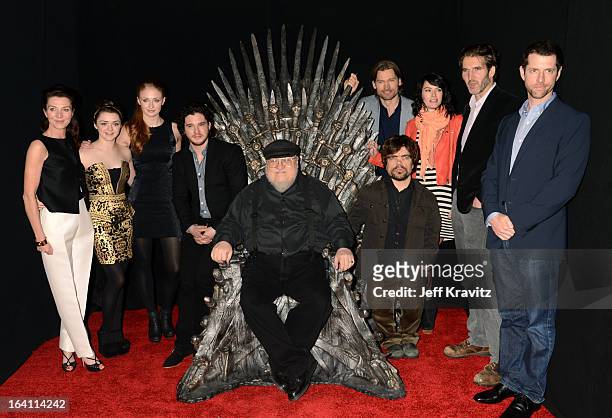 Actress Michelle Fairley, actress Maisie Williams, actress Sophie Turner, actor Kit Harrington, writer George R.R. Martin, actor Peter Dinklage,...