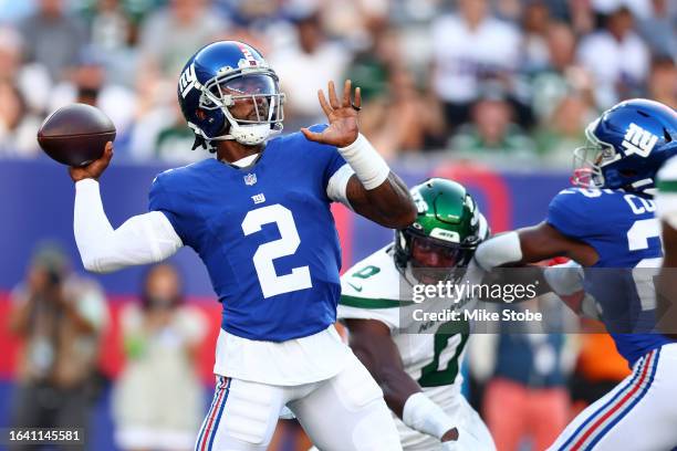 Tyrod Taylor of the New York Giants throws a pass against the New York Jets during a preseason game at MetLife Stadium on August 26, 2023 in East...