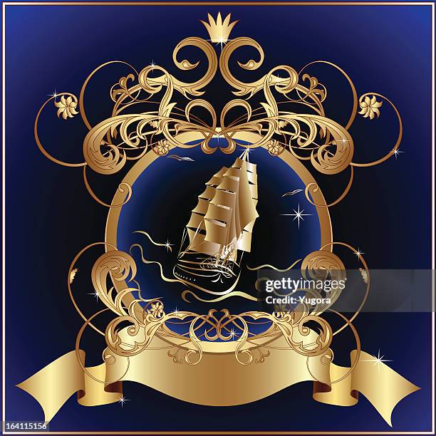 label with classical frame and sailing vessel - ghost ship stock illustrations stock illustrations