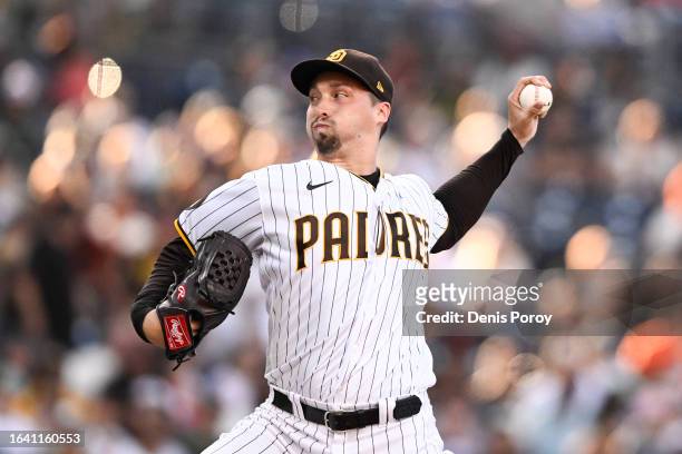 Blake Snell of the San Diego Padres pitches during the first inning against the San Francisco Giants at Petco Park on September 2, 2023 in San Diego,...