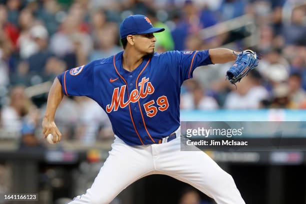 Carlos Carrasco of the New York Mets pitches during the first inning against the Los Angeles Angels at Citi Field on August 26, 2023 in New York City.