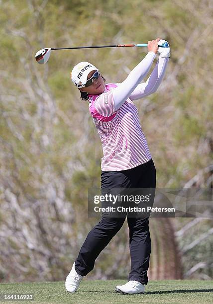 Amy Yang of South Korea hits a tee shot during the third round of the RR Donnelley LPGA Founders Cup at Wildfire Golf Club on March 16, 2013 in...