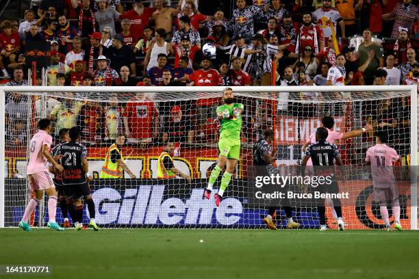 Carlos Miguel Coronel of New York Red Bulls stops a shot in the first half during a match between Inter Miami CF and New York Red Bulls at Red Bull...