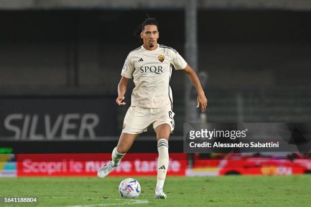 Chris Smalling of AS Roma in action during the Serie A TIM match between Hellas Verona FC and AS Roma at Stadio Marcantonio Bentegodi on August 27,...